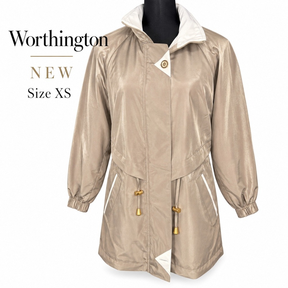 NWT Worthington Women's XS Tan Beige Lightweight Jacket Gold Hardware Drawstring